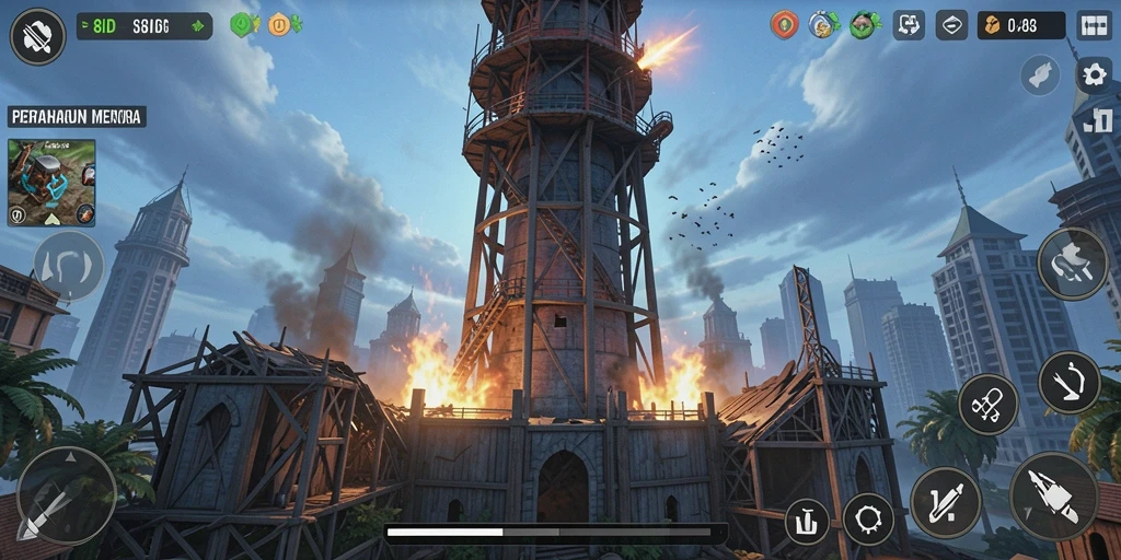 Gameplay Tower Defense menegangkan dengan menara dan musuh yang bervariasi.