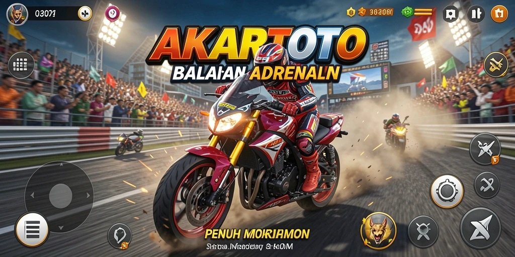 Screenshot gameplay AKARTOTO menunjukkan balapan motor seru dan mendebarkan.
