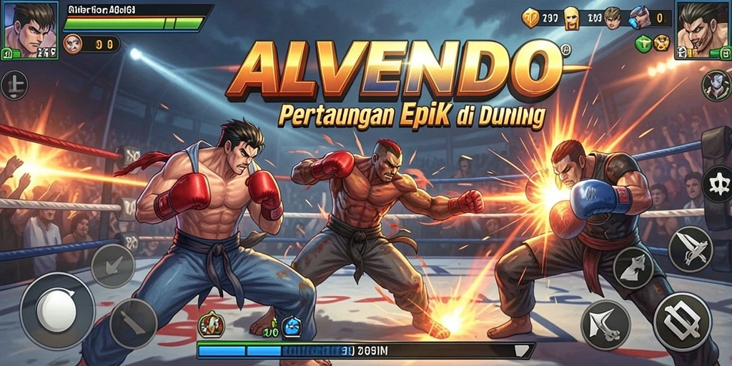 Screenshot gameplay ALVENDO menampilkan pertarungan intens di arena.