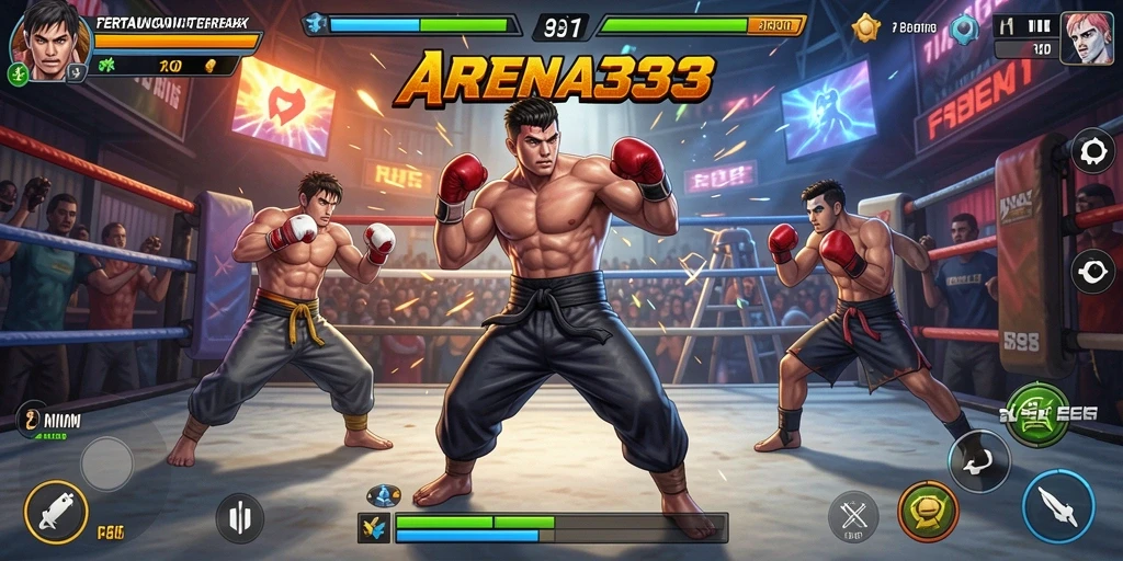 Screenshot gameplay ARENA333 menampilkan pertarungan yang seru dan karakter yang dinamis.
