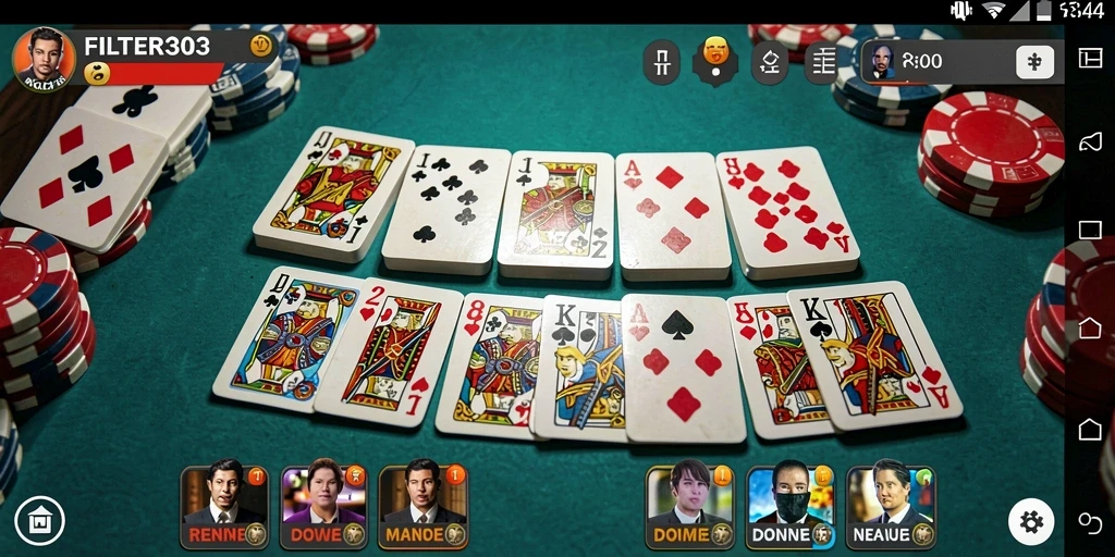 Screenshot menampilkan gameplay seru dari FILTER303 yang penuh strategi domino.