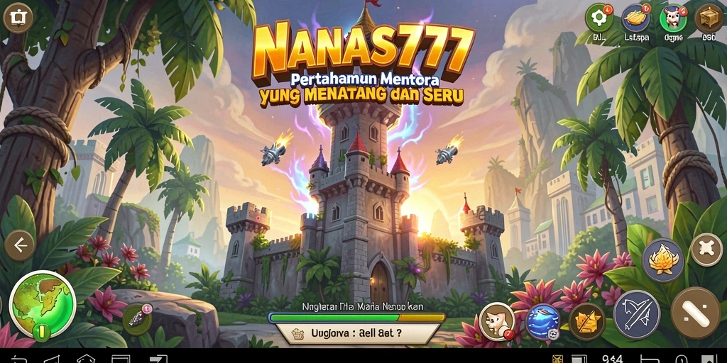 Screenshot utama NANAS777 menampilkan aksi menara pertahanan yang dinamis.