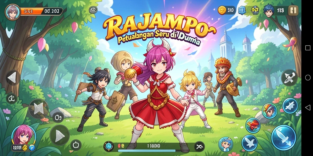 Tampilan menarik dari gameplay <strong>RAJAMPO</strong> yang menunjukkan karakter anime beraksi.