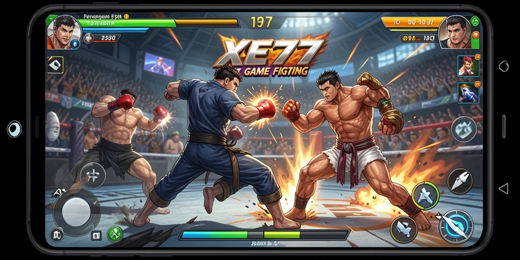 Screenshot utama XE77 menampilkan aksi pertarungan yang mendebarkan.